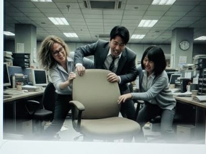 オフィスで１つの椅子を３人で奪い合っている様子